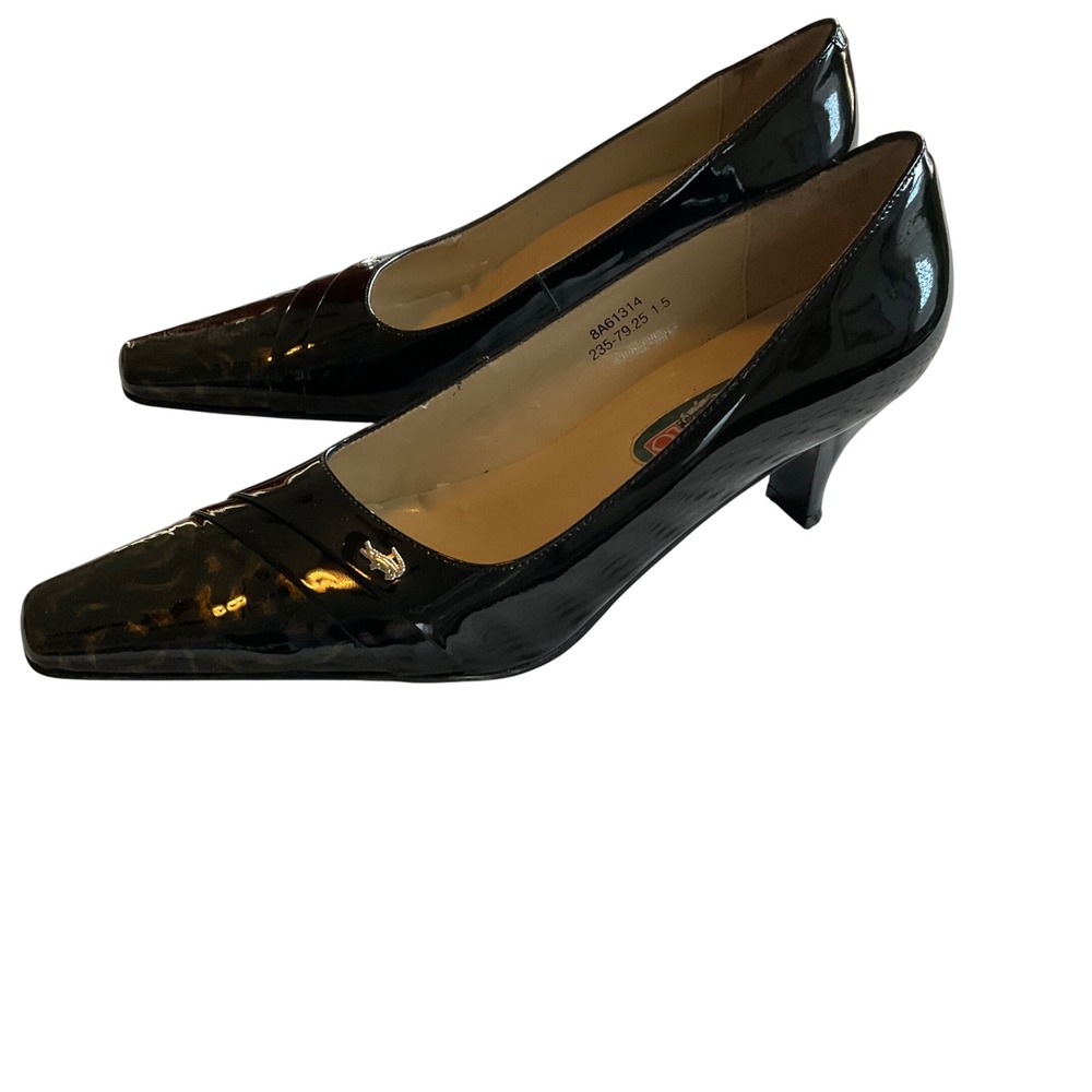 Cartelo‎ Womens Black Patent Leather Square Toe Heels Crocodile Logo Size 36